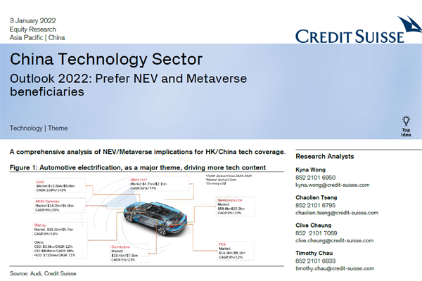 瑞信銀行(Credit Suisse):2022中國科技行業展望-優先考慮新能源汽車和元宇宙的受益者(pdf版)